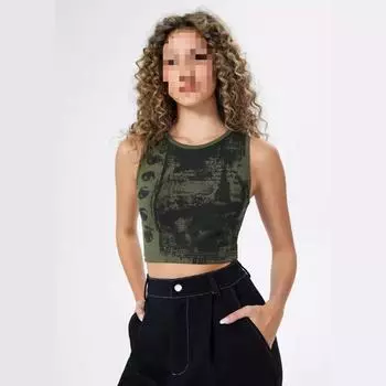 Европейский и американский принт с темными глазами Y2K летний короткий топ без рукавов с открытым пупком S зелёный