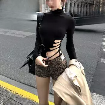 Европейский и американский ретро пикантный топ для девушек с длинными рукавами и высоким воротом, облегающий топ для женщин S чёрный