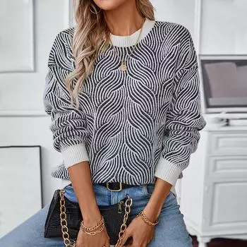 Европейский и американский ретро повседневный полосатый свитер женский осенне-зимний новый свободный свитер с длинными рукавами контрастного цвета S