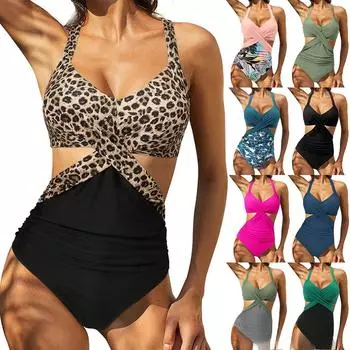 Европейский и американский сексуальный цельный купальник большого размера с консервативным принтом S чёрный