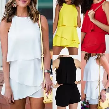 Европейский и американский сексуальный комбинезон без рукавов с рюшами S жёлтый