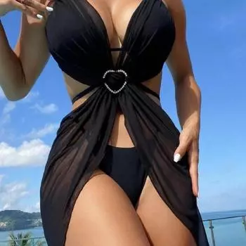 Европейский и американский сексуальный купальник из трех частей, сетчатая верхняя одежда, бикини XS чёрный