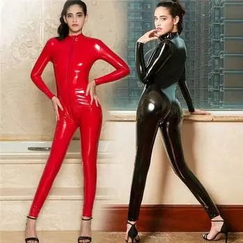 Европейский и американский сексуальный облегающий комбинезон из лакированной кожи Black All yards