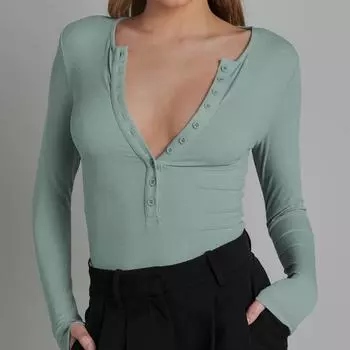 Европейский и американский сексуальный пикантный комбинезон с длинными рукавами и V-образным вырезом на пуговицах S светло-зеленый