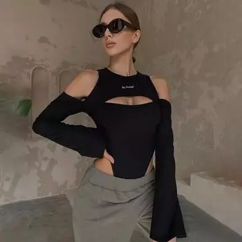 Европейский и американский сексуальный сексуальный девчачий повседневный топ с длинными рукавами съемный открытый плечевой комбинезон с принтом M