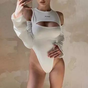 Европейский и американский сексуальный сексуальный девчачий повседневный топ с длинными рукавами съемный открытый плечевой комбинезон с принтом M