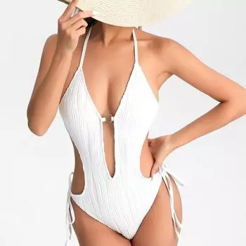 Европейский и американский сиамский полый сексуальный купальник для женщин S белый