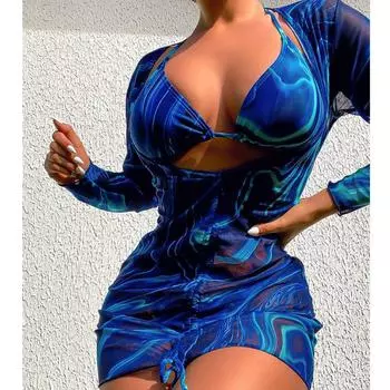 Европейский и американский слитный купальник с длинными рукавами и солнцезащитным кремом, принтованный сексуальный купальник-бикини из трех частей в стиле Ins S синий
