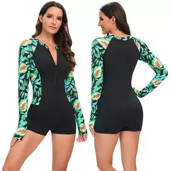 Европейский и американский слитный купальник с длинными рукавами, большой размер, гидрокостюм для серфинга, женский купальник с плоским углом S чёрный