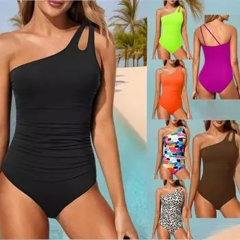 Европейский и американский слитный купальник женский однотонный одно плечо сексуальный с высокой талией и открытой спиной купальник S