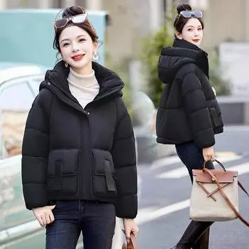Европейский и американский стиль 2024 года, новая куртка-хлеб для маленького человека, супер красивая, легкая, короткая, с капюшоном, кофейная, хлопковая одежда для женщин M чёрный