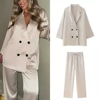 Европейский и американский стиль 2024 года, весна и лето, новая женская одежда, двубортный костюм с эффектом морщин, пиджак, брюки, комплект