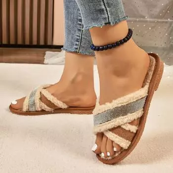 Европейский и американский стиль, большой размер, однотонные, осень-зима 2024 года, новые женские тапочки с круглой головкой и крестиком на толстой подошве 35 светло-коричневого