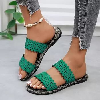 Европейский и американский стиль, большой размер, однотонные, лето 2024, новые, с круглым носком, полые, однотонные, модные женские тапочки на толстой подошве 36 зелёный