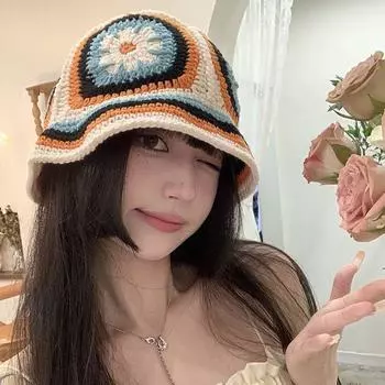 Европейский и американский стиль цветная модная вязаная шляпа-ведро женская весна и осень универсальная интернет-знаменитость вязаная шляпа цветочная шляпа-ведро M56-58cm бежевый