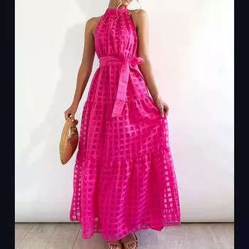 Европейский и американский стиль, французский летний однотонный повседневный воротник-стойка без рукавов с завязками на талии, большое свободное платье, модная женская одежда XL чёрный