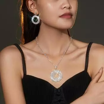 Европейский и американский стиль, изысканный темперамент, блестящее ожерелье со стразами, серьги, комплект из двух предметов, модная круглая геометрическая подвеска, украшения для ушей.