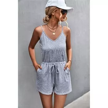 Европейский и американский стиль Комбинезон Шорты V-образный вырез Бретелька Gray XL