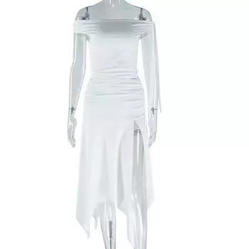 Европейский и американский стиль модный женский однотонный комплект юбок сексуальный без рукавов одно плечо топ разрез юбка L белый