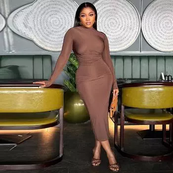 Европейский и американский стиль модный женский однотонный круглый вырез с длинными рукавами свитер, персонализированное уличное однотонное платье L чёрный