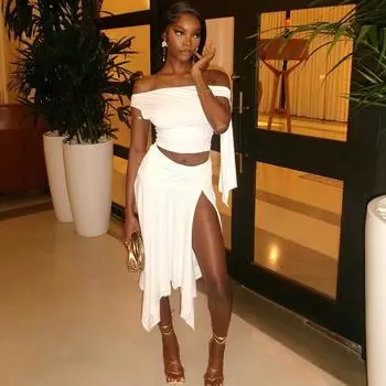 Европейский и американский стиль модный женский однотонный комплект юбок сексуальный без рукавов одно плечо топ разрез юбка L белый