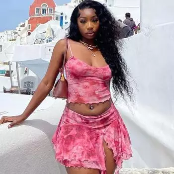 Европейский и американский стиль модный женский принтованный сексуальный жилет-камисоль с разрезом и юбкой-полукомбинацией из двух предметов L розовый