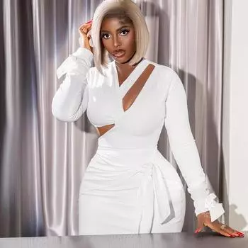 Европейский и американский стиль однотонный сексуальный глубокий V-образный вырез на спине со шнуровкой на талии, облегающий темперамент уличная короткая юбка L белый