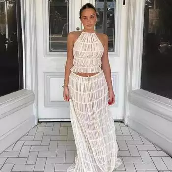 Европейский и американский стиль сексуальный спинка свисающий воротник стиль плиссированный кружевной жилет длинная юбка комплект XL белый