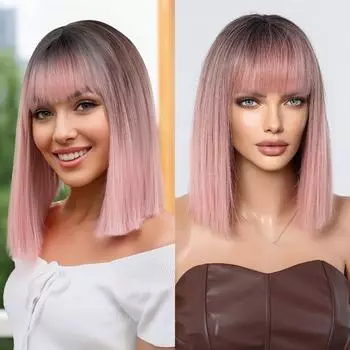 Европейский и американский стиль, женский летний парик с кружевом спереди, термостойкий, короткий, прямой, с прямой челкой, натуральный вид, синтетический парик из волокна