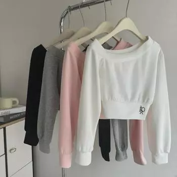 Европейский и американский свитер в корейском стиле с открытыми плечами - осенний, легкий, свободный крой, короткий, с длинными рукавами, женский топ