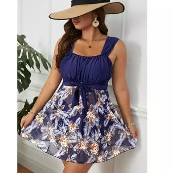 [Европейский и американский танкини для полных женщин] Юбка с цветовой блокировкой, раздельные независимые боксеры, консервативный купальник большого размера для женщин 0XL