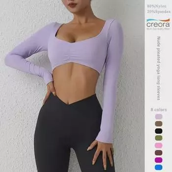 Европейский и американский телесный топ с длинными рукавами и складками для йоги и фитнеса для женщин S (48-55 kg)