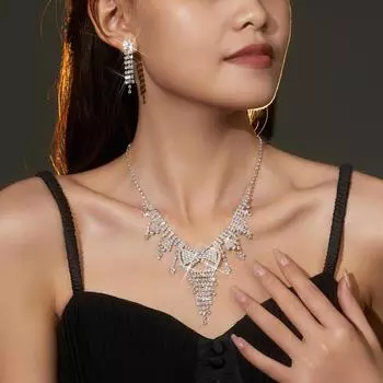 Европейский и американский темперамент, роскошное блестящее ожерелье со стразами, комплект из двух серег, подвеска с бантом и кисточкой, ювелирное изделие