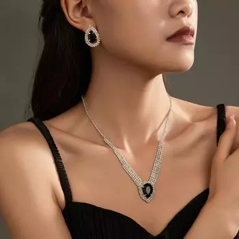 Европейский и американский темперамент, роскошное сверкающее ожерелье со стразами, комплект из двух серег, модная подвеска из черного драгоценного камня, свадебные украшения