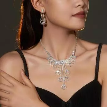 Европейский и американский темперамент, универсальный комплект из двух серег и ожерелий со стразами, комплект свадебных украшений, аксессуары для свадебного платья