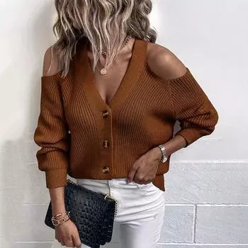 Европейский и американский трикотаж на пуговицах осень и зима новый сексуальный свитер с открытыми плечами кардиган для женщин S