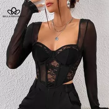 Европейский и американский уличный модный сексуальный кружевной сетчатый топ с открытой спиной и квадратным воротником, длинными рукавами S чёрный