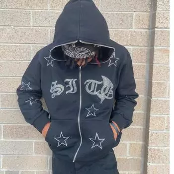 Европейский и американский уличный стиль Ins кардиган с капюшоном и буквенным принтом, зимняя теплая и утолщенная мужская и женская свободная толстовка с застежкой-молнией M чёрный