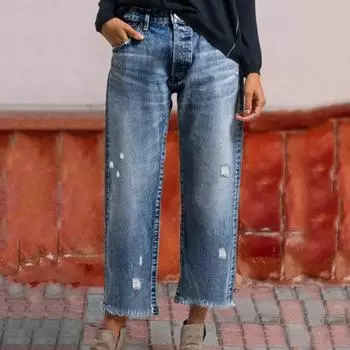 Европейский и американский уличный стиль, повседневные джинсы прямого кроя с перфорацией, женская одежда S синий