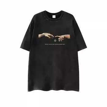 Европейский и Американский Уличный Винтажный Темный Хип-хоп Палец Стирка Сделать Старым Короткий Рукав Хип-хоп Свободная Футболка S