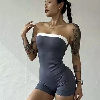 Европейский и американский уличный женский комбинезон без рукавов без бретелек сексуальный облегающий бедра комбинезон с открытыми плечами S чёрный