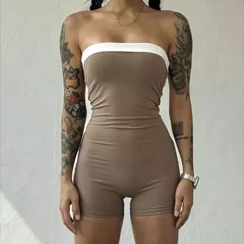Европейский и американский уличный женский комбинезон без рукавов без бретелек сексуальный облегающий бедра комбинезон с открытыми плечами S чёрный