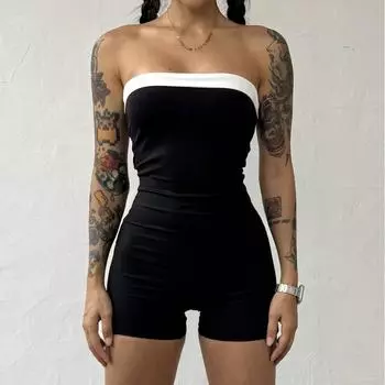Европейский и американский уличный женский комбинезон без рукавов без бретелек сексуальный облегающий бедра комбинезон с открытыми плечами S чёрный