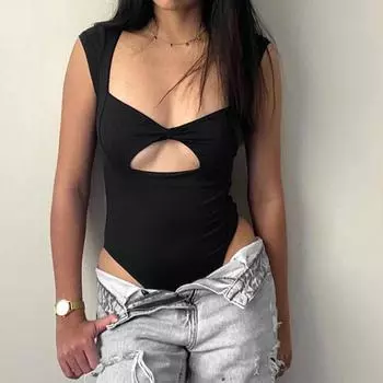 Европейский и американский весенне-летний ажурный витой воротник облегающий однотонный сексуальный комбинезон без рукавов S чёрный