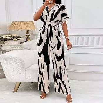 Европейский и американский весенне-летний комбинезон с короткими рукавами и принтом до талии для модных женщин с широкими ногами XXL