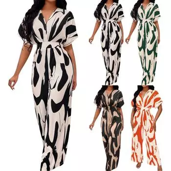 Европейский и американский весенне-летний комбинезон с короткими рукавами и принтом до талии для модных женщин с широкими ногами S зелёный