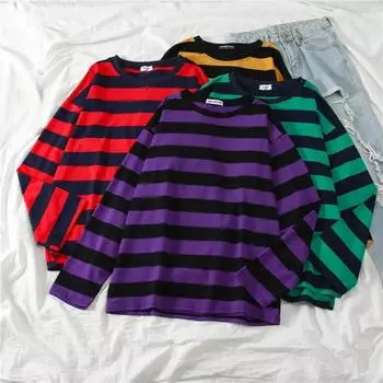 Европейский и американский весенне-осенний повседневный женский полосатый топ с длинными рукавами и круглым вырезом M красный