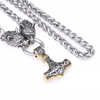 Европейский и американский викинг из нержавеющей стали, голова волка, Молот Тора, кулон, ожерелье, мужское ожерелье из нержавеющей стали, ювелирные изделия 40CM