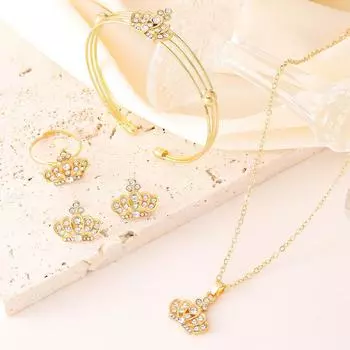 Европейский и американский винтажный комплект ювелирных украшений в форме короны: Элегантное ожерелье, серьги, браслет и кольцо 4-piece set золотой