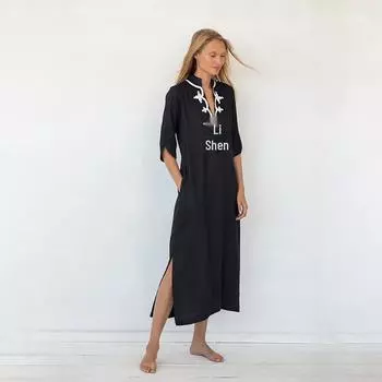 Европейский и американский вискозный вышитый длинный пляжный халат с воротником-стойкой для женщин One Size